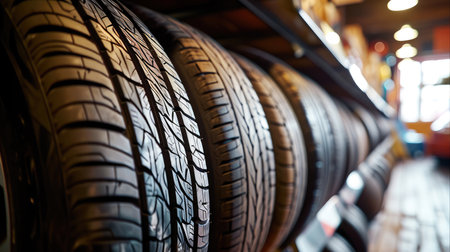 Several new car tires with different treads on the shelf. Generative AI.の素材