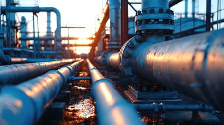 Close up shot of a gas pipeline, Blurred gas factory background. Generative AI.の素材
