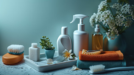Housekeeping supplies, Minimal concept with empty copy space. Generative AI.の素材