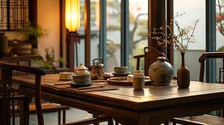 New Chinese dining table. Generative AI.の素材
