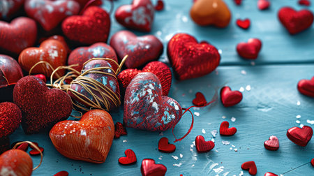 Valentine day minimalist festive pattern background from mixed red hearts on pastel blue table, Top view. Generative AI.の素材