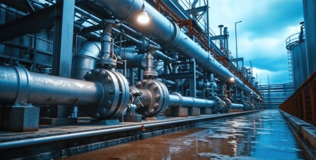Oil Or Gas Transportation, Modern exterior of construction of metal water pipes and tubes with circulation pumps and valves of industrial building. Generative AI.の素材