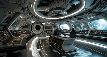 Black interior of a spaceship command center, Dome shaped. Generative AI.の素材