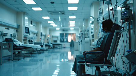 Patient receiving dialysis treatment in a clean hospital setting, Sitting in a chair. Generative AI.の素材