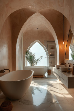 A bathroom in the shape of a pyramid with an arched ceiling. Generative AI.の素材