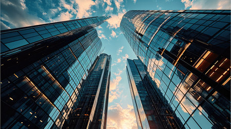Luxury low angle shot of modern buildings with a beautiful sky. Generative AI.の素材