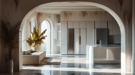 A large archway opens up to reveal an empty room with a very large refrigerator, In the style of modern contemporary minimalist. Generative AI.の素材