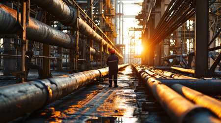 Male worker inspection at steel pipe in station oil factory, Oil Or Gas Transportation. Generative AI.の素材