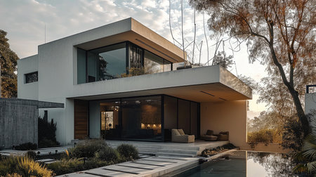 Front shot of a cozy modern and minimalist mix small house. Generative AI.の素材