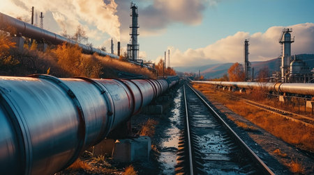 Large oil pipeline and gas pipeline in the process of oil refining in oil factory. Generative AI.の素材