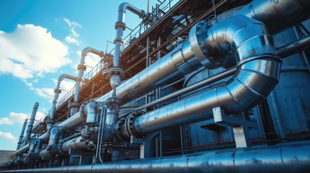 Oil Or Gas Transportation, Modern exterior of construction of metal water pipes and tubes with circulation pumps and valves of industrial building. Generative AI.の素材