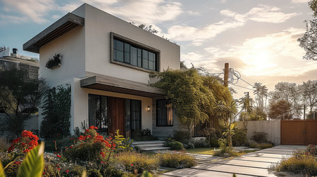 Front shot of a cozy modern and minimalist mix small house. Generative AI.の素材