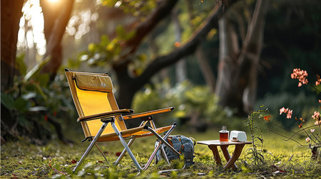 A yellow camping chair on the grass. Generative AI.の素材