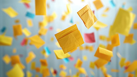 Sticky notes fluttering in the air against a pure white background. Generative AI.の素材
