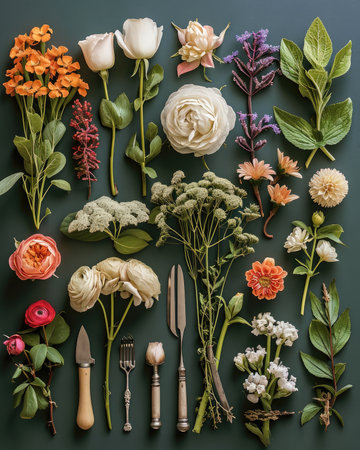 Florist in the style of knolling. Generative AI.の素材