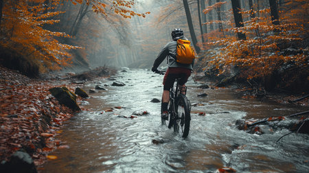 A man mountain biker is riding down a creek in the background. Generative AI.の素材
