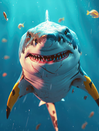 Realistic 3D cartoon style rendering, Underwater animals such as tiger sharks. Generative AI.の素材