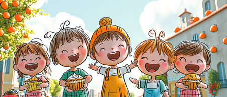 Colorful, Cute, A group of children happily eating muffins on the street, Cartoon 3d. Generative AI.の素材