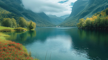 Green mountains and green waters. Generative AI.の素材