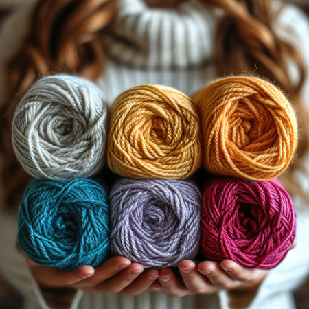 Beautiful bright skeins of yarn in women's hands. Generative AI.の素材