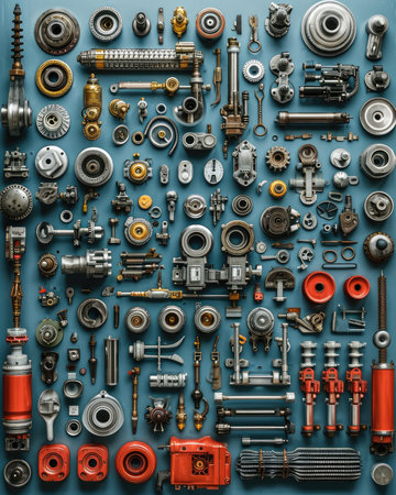 Mechanic in the style of knolling. Generative AI.の素材
