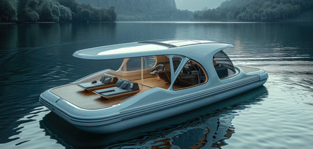 A sightseeing boat in small lake, Seats folded open, Futuristic technology sightseeing boat. Generative AI.の素材