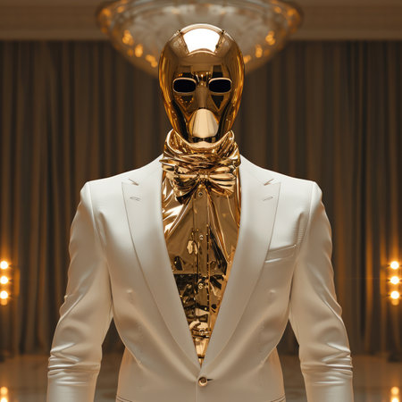 A golden statue of a man in a total white tuxedo. Generative AI.の素材