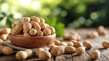 Peanuts without shell on a wooden table on the natural background of a peanuts garden, Healthy natural foods. Generative AI.の素材