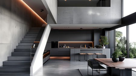An open kitchen and dining room with stairs leading to the stairs, in the style of gray and black. Generative AI.の素材