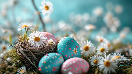 A happy easter banner with Easter eggs and flower. Generative AI.の素材