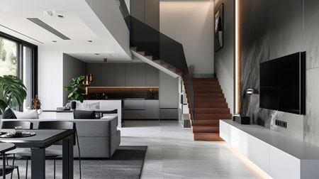 An open kitchen and dining room with stairs leading to the stairs, in the style of gray and black. Generative AI.の素材