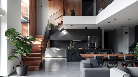 An open kitchen and dining room with stairs leading to the stairs, in the style of gray and black. Generative AI.の素材
