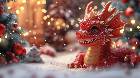 A red dragon is sitting next to winter scenes, In the style of festive atmosphere. Generative AI.の素材