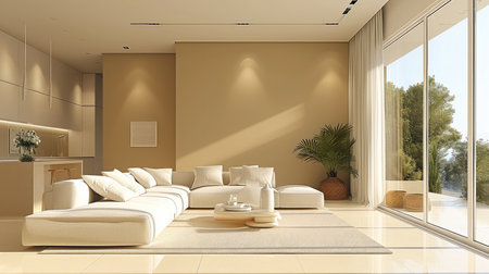 Modern interior living room, Light yellow beige. Generative AI.の素材