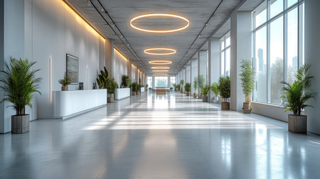 Modern interior design of an office with many desks and white walls. Generative AI.の素材