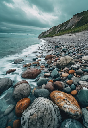 A rocks and pebbles beach on a hilly, Green landscape during the day. Generative AI.の素材