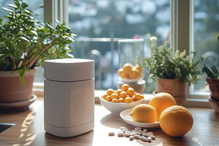 A white food supplement machine on the home table. Generative AI.の素材