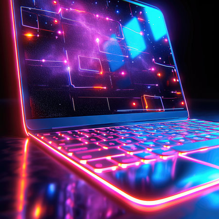 Holographic computer with neon lights. Generative AI.の素材