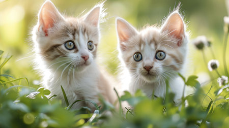 Two cute little white cats in the grass. Generative AI.の素材