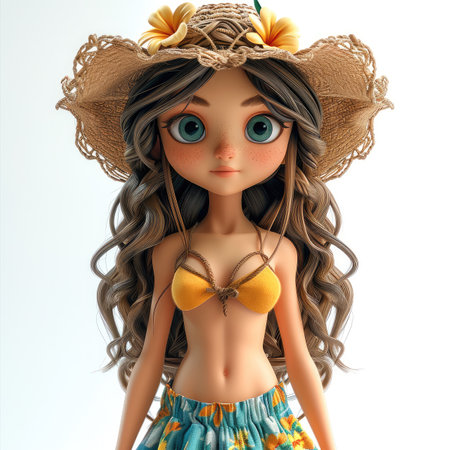 Cartoon 3d model of a girl in a skirt and sun hat. Generative AI.の素材