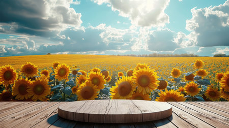 Platform and Natural podium backdrop with sunflower field, Cloud and sky background for product display. Generative AI.の素材