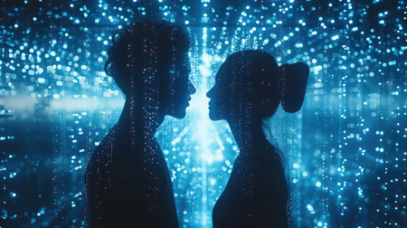 A man and a woman are standing face to face against a backdrop filled with futuristic light points of technology. Generative AI.の素材