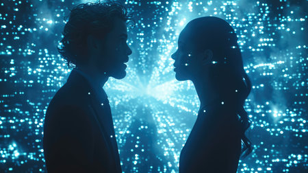 A man and a woman are standing face to face against a backdrop filled with futuristic light points of technology. Generative AI.の素材