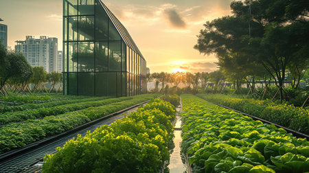 A high-tech urban farm adjacent to a towering, Glass-and-steel structure. Generative AI.の素材
