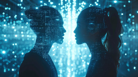 A man and a woman are standing face to face against a backdrop filled with futuristic light points of technology. Generative AI.の素材
