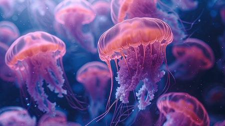Jelly sharks swimming in a fantasy sea, Underwater. Generative AI.の素材
