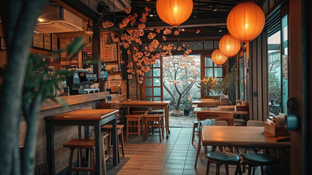 A view inside of a small asian restaurant. Generative AI.の素材