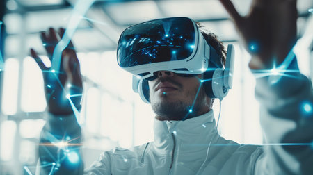 Young men in futuristic goggles interacting with virtual reality while exploring cyberspace in bright room. Generative AI.の素材