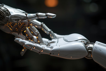 A robot hand reaches for a human hand on black background, Artificial intelligence, Future technology and communication concept. Generative AI.の素材