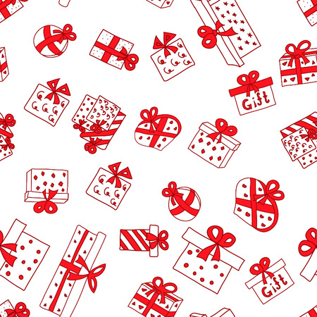 Seamless pattern boxes for Christmas red gifts, vector illustration, doodle, the background New Yearのイラスト素材